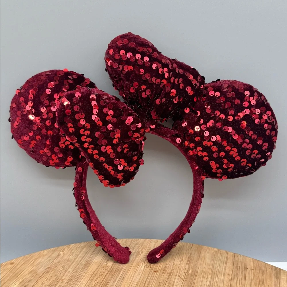 Disney‎ Parks Minnie Ears Dark Red Velour Sequin Tokyo Disneyland Japan Headband